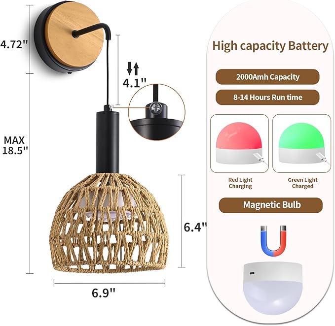 Rattan Wall Sconce, Wall Sconces Set of Two Battery Operated with Remote Control, 3 Colors Dimmable,Boho Upgrade Rechargeable Sconces Set of 2 for Bedroom, Living Room, Entryway (Black)