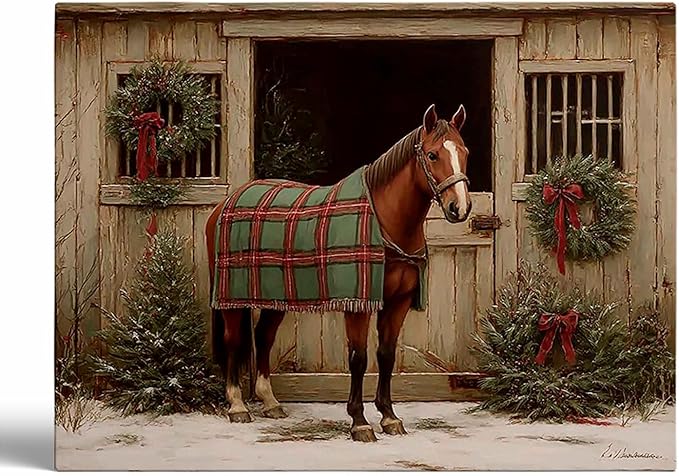 Rustic Christmas Horse Wall Art Prints,Country Holiday Farmhouse Decor,Winter Horse Print