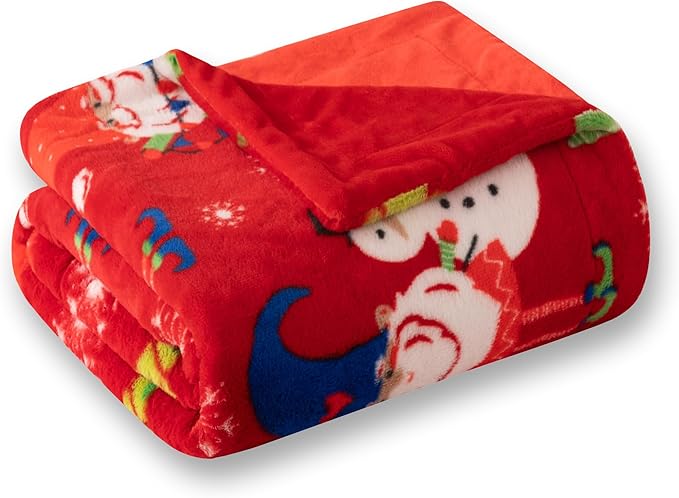 COOVA Christmas Faux Rabbit Fur & Flannel Throw Blanket 50x60 Inch - Festive Luxury Soft & Cozy, Perfect for Holiday Decor, Bed, Sofa, Couch, Father Christmas Pattern,Red