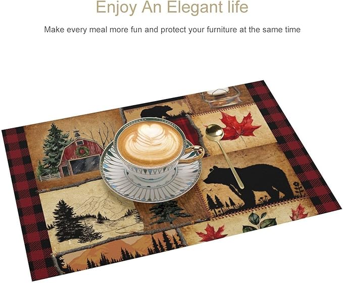 Retro Bear Placemat Set of 4, 12x18 Inch Rustic Farmhosue Green Buffalo Plaid Wildlife Paw Print Forest Tree Cabin Country Lodge Coffee Table Mats for Outdoor Kitchen Dining Table Decoration