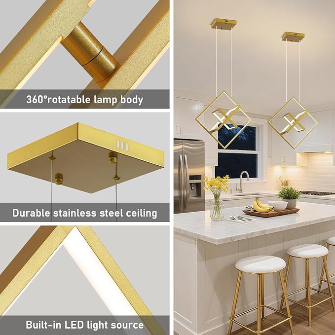 Modern LED Square Chandelier Gold LED Hanging Pendant Light with Remote Control Dimmable Contemporary Geometric Chandeliers Creative DIY Height Adjustable Lighting for Dining Room Entryway