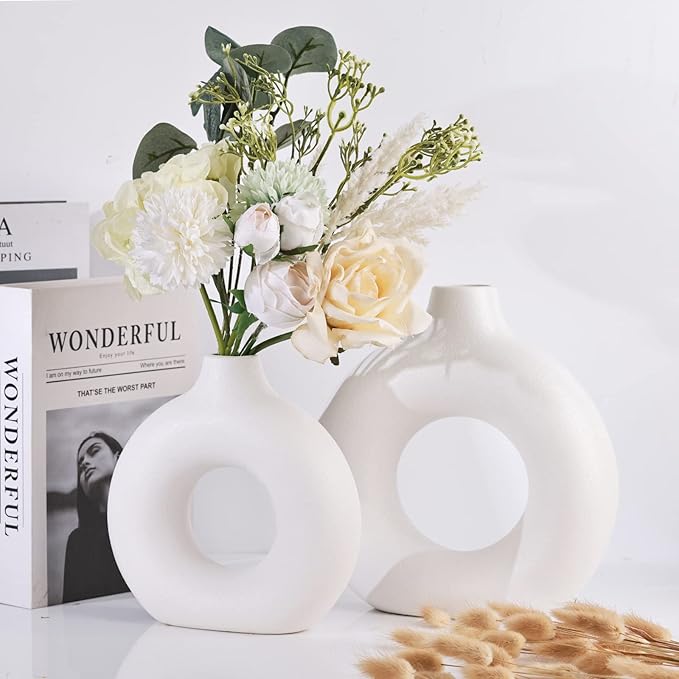 White Ceramics Vase for Home Decor,Minimalist Nordic Hollow Donut Vase Set of 2,Modern Boho Decor for Kitchen Table Centerpiece,Living Room,Fire Place,Bookshelf,Office,Entryway,Console