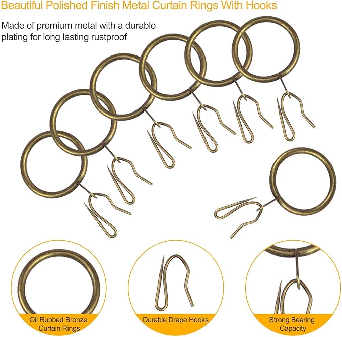 60 Pcs Metal Curtain Rings & Hooks Set, 30 mm Internal Diameter, Bronze, Curtain Rod Rings with Eyelet