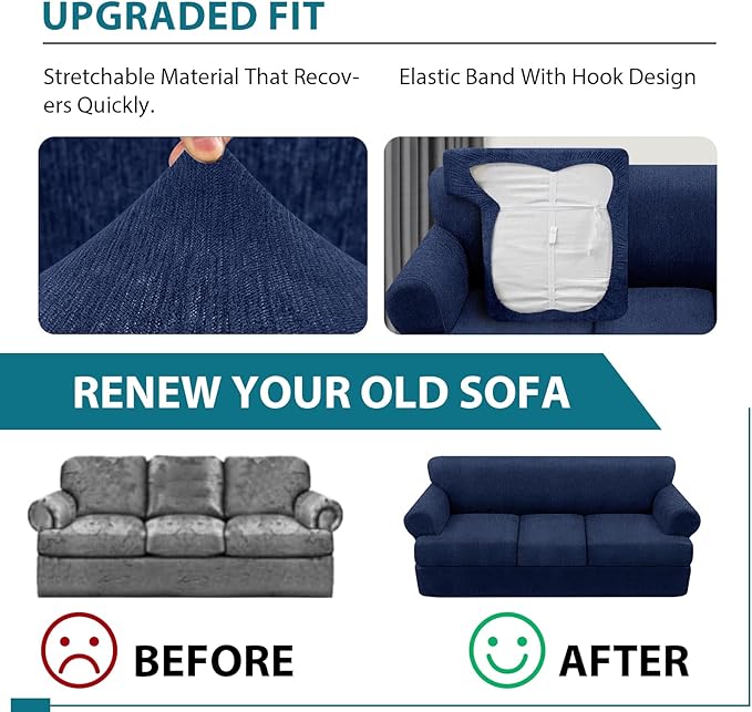 T Cushion Sofa Slipcover 4 Pieces Sofa Covers for T Cushion Couch Soft Sofa Slip Covers Furniture Protector with 3 Individual T Shape Seat Covers (Navy, 3 Cushions)