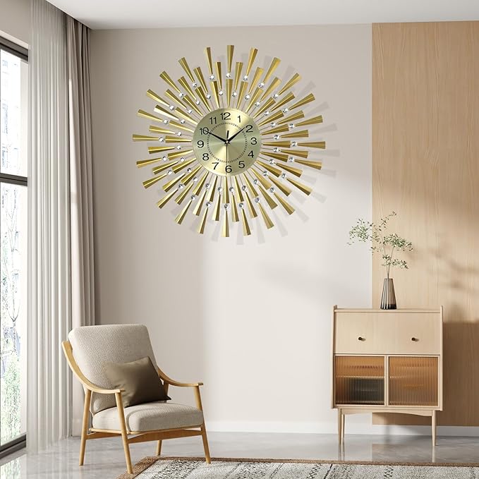 Large Wall Clocks for Living Room Decor Modern Gold Silent Wall Clock Battery Operated Non-Ticking for Bedroom Kitchen Office Home Decorative 24 Inch Retro Crystal Clocks Wall Decor for House