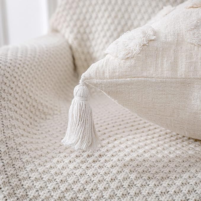 PANOD Super Soft Farmhouse Decorative Plush Throw Pillow Covers 16 x 16 White,Solid Pom pom Tufted with Tassels Modern Accent Boho Square Cushion Cover Pillow Case for Couch Sofa