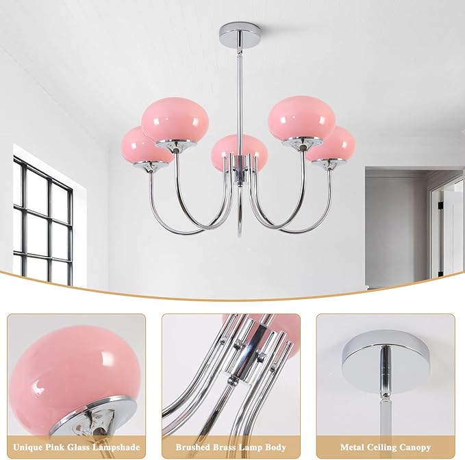 BOKT Nordic Pink Chandelier 5 Heads Chrome Chandelier Pendant Light Fixture Dining Room Oval Glass Globe Ceiling Chandeliers Elegant Decorative Chandeliers for Girls' Bedroom