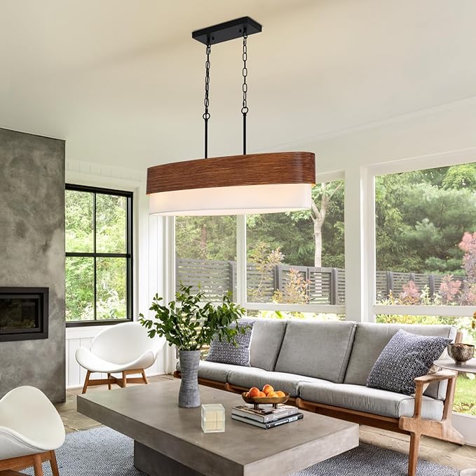 33.5'' Dining Room Chandelier Over Table, 4-Light Farmhouse Kitchen Island Lighting, 2-Tier Large Linear Chandelier with Faux Wood Texture and White Fabric for Dining Room Kitchen Island