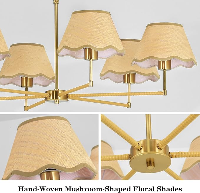 6-Light Boho Rattan Chandelier 39″ Rattan Pendant Light with Hand-Woven Shade Adjustable Height Vintage Dining Room Chandelier for Kitchen Island Living Room Bedroom Foyer E26 Base