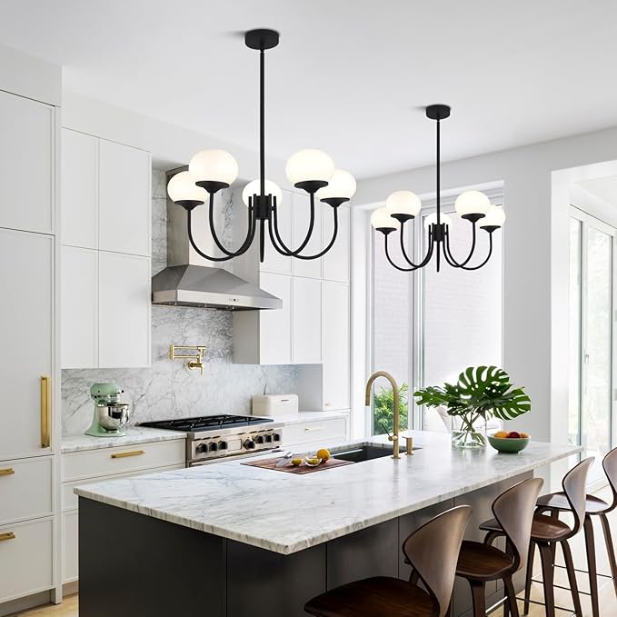 BOKT 5 Lights Mid Century Chandelier Light Fixture Black Sputnik Pendant Lights Milk Glass Globe Chandelier Adjustable Modern Farmhouse Dining Room Sputnik Kitchen Island Lighting BPL01-BK-5