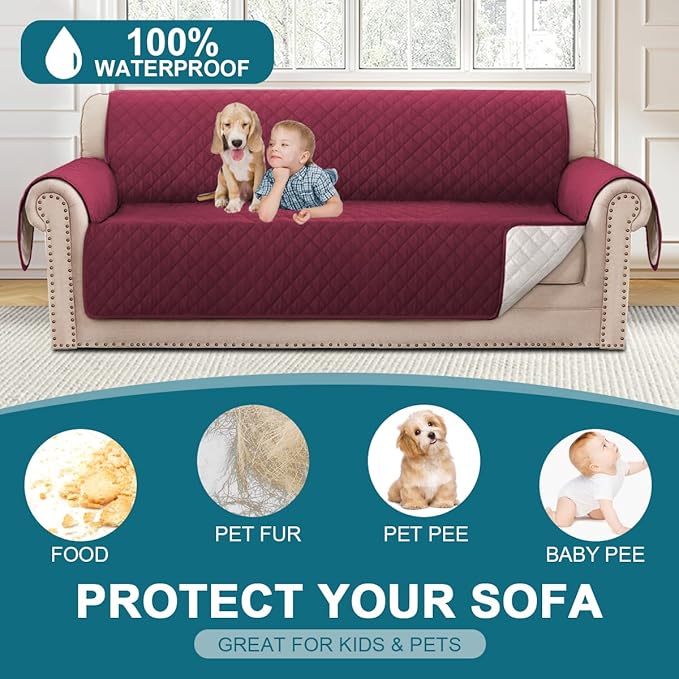 Turquoize 100% Waterproof Sofa Covers Couch Cover Sofa Cover for Dogs Couch Protector Triple Non-Slip Sofa Slipcover for 3 Cushion Couch Furniture Protector for Pets, Kids,Dog (XL Sofa 78", Burgundy)