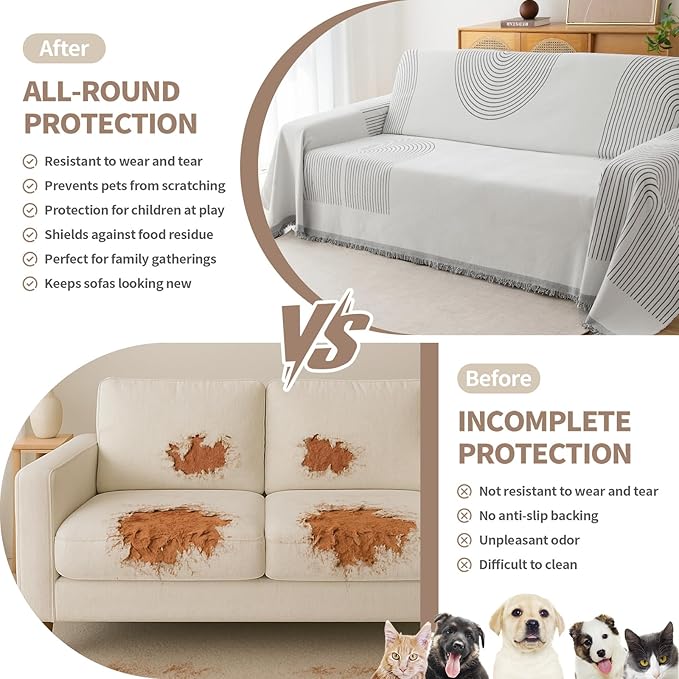 Couch Cover for Dogs, Boho Sofa Covers for 2 Cushion Couch, Chenille Sofa Slipcover for Pets Washable, L-Shape Sectional Couch Loveseat Cover Soft Throw Blankets with Tassels(71x102,Arc Grey)
