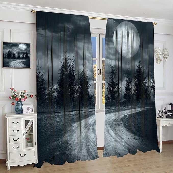 Gothic Horror Forest Blackout Curtains, Terrible Jungle Dark Fantasy Night Mysterious Rustic Tree Gothic Halloween Window Drapes, for Living Room Bedroom 42(W)*84(L) 2 Panels