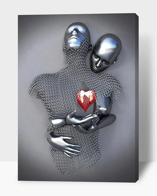 HIPOCAPO 3D Metal Effect Wall Art - Love Heart Canvas Art, Silver Abstract Hug Lovers Painting Picture Poster Prints for Bathroom, Romantic Couple Living Room Framed28”x40”x1Pcs 3d Art-11