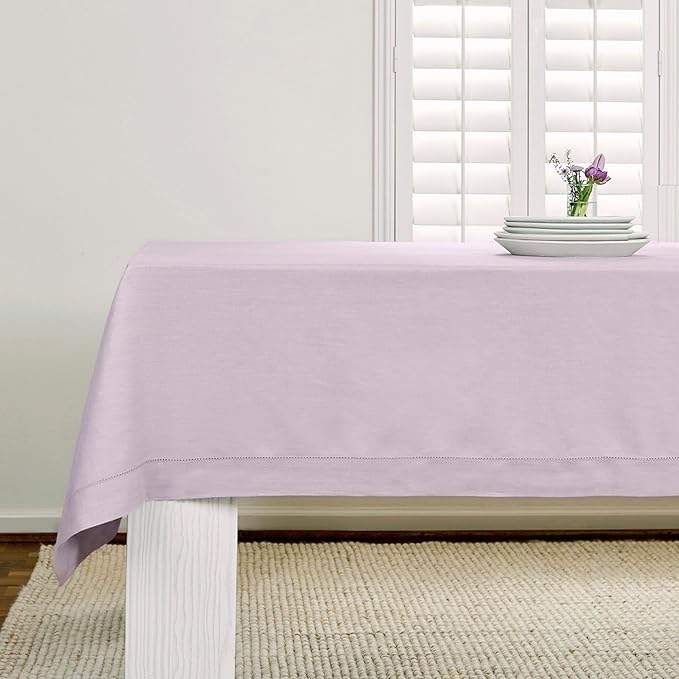 Solino Home Lilac Linen Tablecloth 60 x 132 Inch - 100% Pure Linen Hemstitch Table Cloth for Rectangle Tables - Classic Hemstitch, Machine Washable Tablecloth for Fall, Autumn, Thanksgiving, Christmas