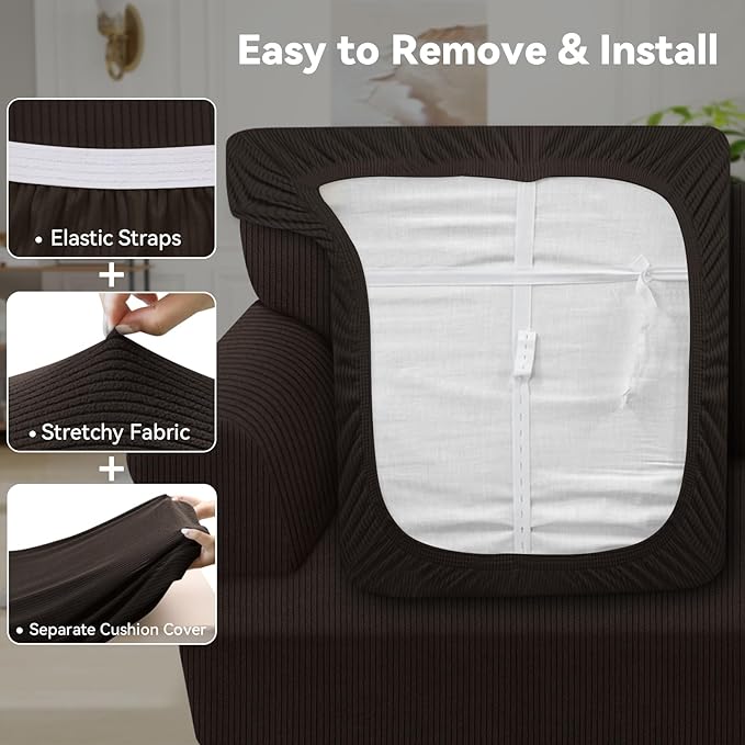 Waterproof Couch Cover 3-Piece Set Striped Sofa Slipcovers for 2 Separate T Cushion Couch - TPU Fabric Sofa Covers Leakproof Couch Protector for Kids, Pets(2 Cushion Sofa, Coffee)