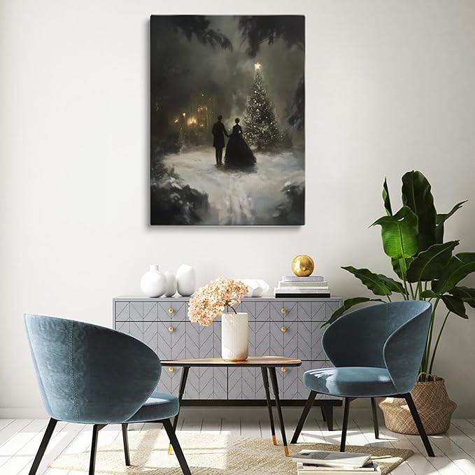 Victorian Christmas Tree Art Prints,Romantic Winter Couple,Moody Christmas Print,Dark Holidays Cottagecore Decor