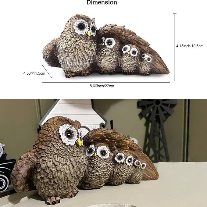 Resin Owl Family Statue, Mother Owl with Three Baby Owls Figurine, Cute Animal Sculpture for Home Décor, Rustic Woodland Table Ornament, Mother’s Love Figurine, Gift for Bird Lovers