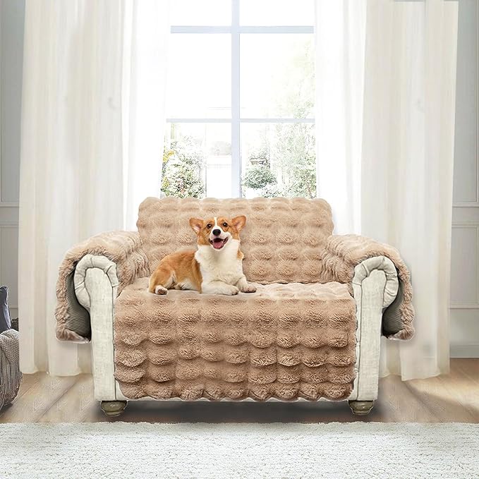 Plush and Fuzzy Shaggy Couch Cover, Dog Pad Faux Fur Sofa Cover, Water Resistant Slipcover, Non-Slip Furniture Protector for Kids,Dogs,Cats.(Light Brown-Bubble, Medium Loveseat)