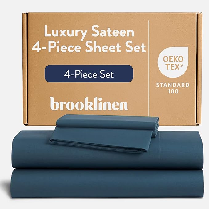 Brooklinen Luxury Sateen 4 Piece Sheet Set - 100% Cotton Bed Sheets, Soft & Durable Twin XL Sheets Set in Abyss Blue, Oeko-TEX Certified Bedding Set, 1 Fitted Sheet, 1 Flat Sheet, 2 Pillowcases