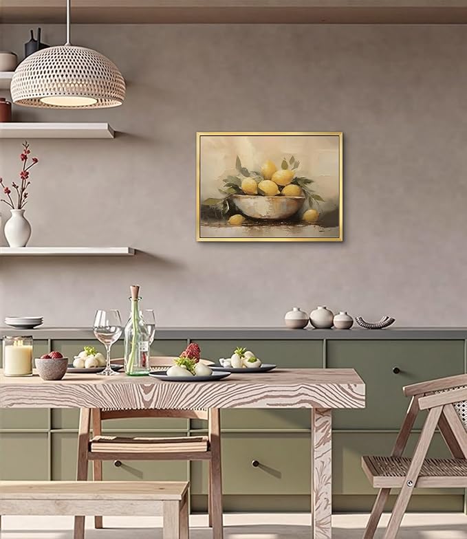 AIMAILON Vintage Gold Canvas Wall Art Framed Decor Classical Print Home Decoration for Kitchen Living Room Expressive Brushstrokes Yellow Lemon Lemon with Leaves Still Life Picture 12x16