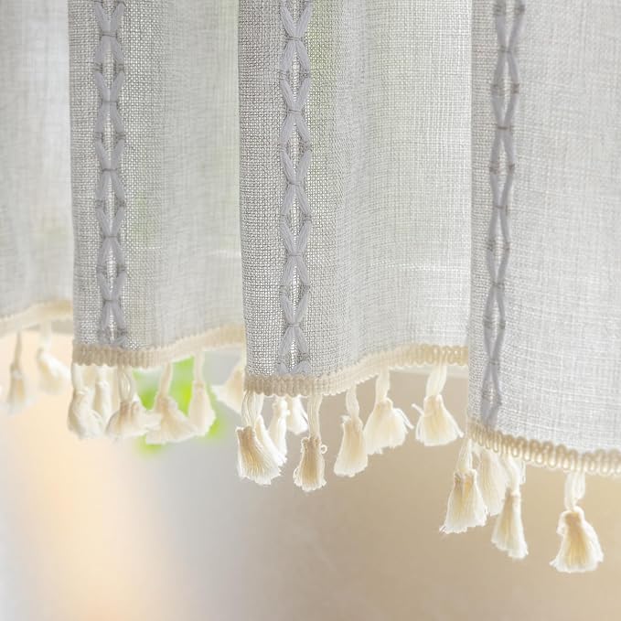 Sutuo Home Boho Curtains Valance for Cafe Windows, Bohemian Short Curtains Light Filtering Linen Country Vintage Tassels Window Treatment Embroidery Drape, Rod Pocket 1 Panel 52" W x 18" L, Light Grey