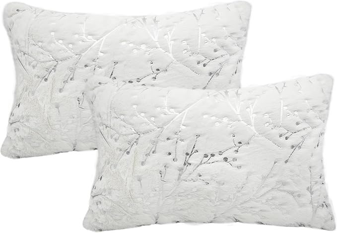 LIGICKY Set of 2 Decorative Lumbar Pillows Fluffy White Fur Pillow Coves Silver Branches Glitter Throw Pillows Soft Furry Sparkling Rectangle Cushion Cases for Sofa Bedroom Party Décor 12x20inch