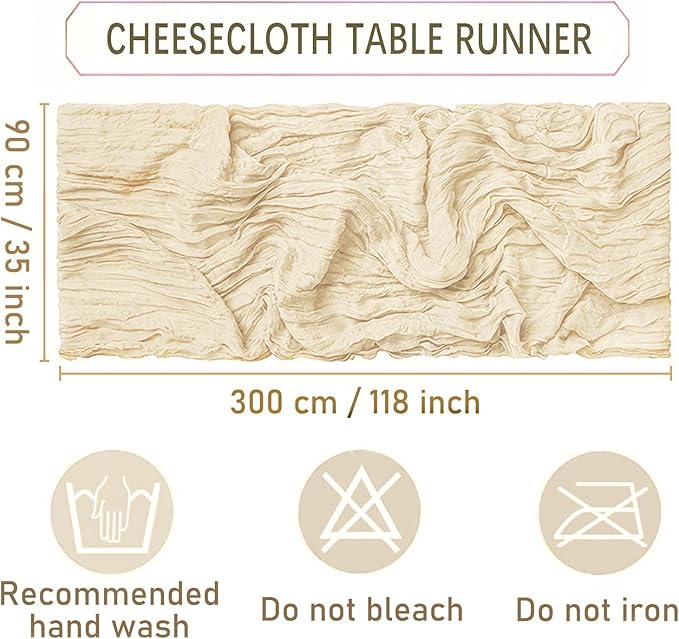 12 Pack Beige Cheesecloth Table Runners 35 x 120 Inch – Rustic Boho Gauze Table Runner for Wedding Arch, Party Decoration, Bridal Shower, Reception, Farmhouse Dining Decor
