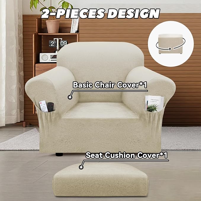 Chair Slipcover with Armrest Pockets 2-Piece Set, Stretch Faux Leather Chair Cover for Armchairs(Fits 31-45") - Non-Slip, Machine Washable, Pet & Kid Friendly - Beige