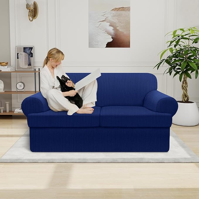 Waterproof Loveseat Cover 3-Piece Set Striped Slipcover for 2 Separate T Cushion Couch - TPU Fabric 2-Seater Sofa Covers Leakproof Couch Protector for Kids, Pets(Loveseat, Navy)