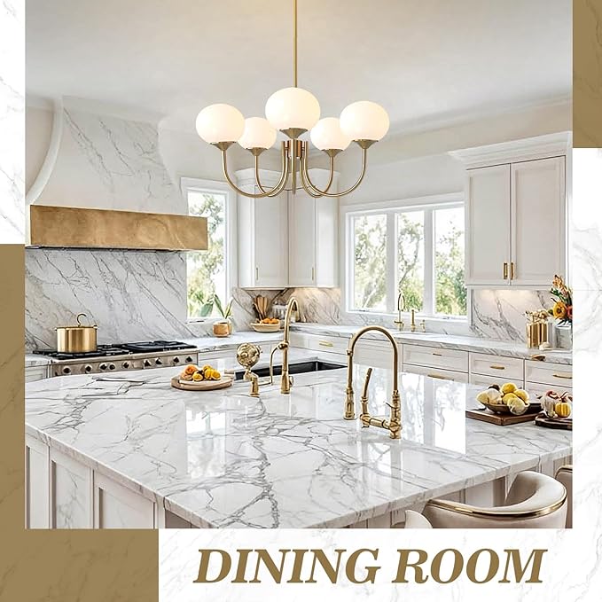 BOKT 5 Light Contemporary Milk White Glass Globe Chandelier Vintage Gold Sputnik Chandelier Light Fixture Adjustable Large Modern Brushed Brass Ball Sputnik Pendant Hanging Light Kitchen Island