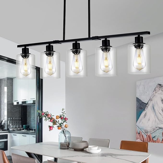 39.4" Kitchen Island Lighting, 5 Lights Clear Glass Pendant Light Fixtue, Black Linear Metal Chandelier for Dining&Living Room Foyer,Height Adjustable,E26 Socket