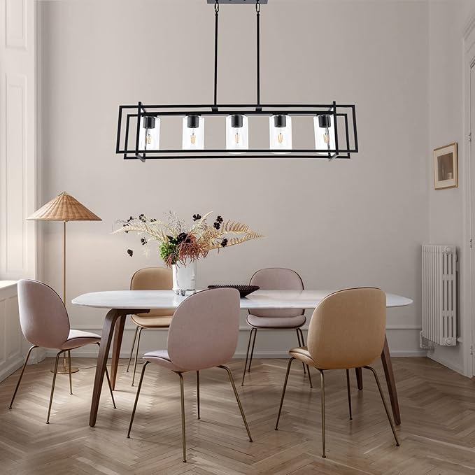 Kitchen Island Lighting 5-Light Chandeliers Farmhouse Black Island Pendant Light Fixtures Dining Room Rectangular Chandelier with Clear Glass Shades