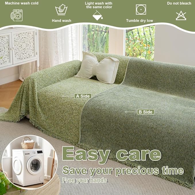 ROOMLIFE Green Sofa Cover, Vintage Boho Couch Cover for 3 Cushion Sofa, Soft Chenille Sofa Cover for Dog, Washable Furniture Sofa Protector Cover Blanket with Tassel for Living Room, 71 '' X 118''