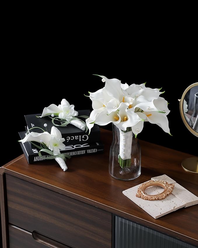 Round Bridal Bouquet:16 Stems White Calla Lily Pearl Bouquet EVA Real Touch-Wedding Bouquet for Bride/Bridesmaid