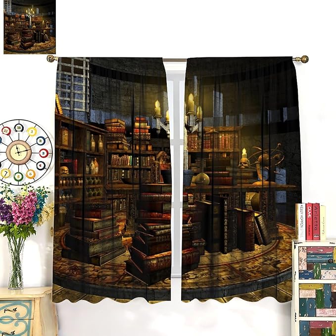 Gothic Mid Century Blackout Curtains, Library Medieval Vintage Wooden Bookshelves Candles Skull Window Drapes, for Living Room Bedroom 21(W)*63(L) 2 Panels
