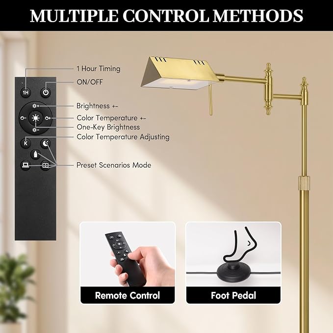 Dimmable Pharmacy Floor Lamp with Remote, 15W Gold LED Reading Floor Lamp with 360°Swing Arm, 3 Color Temperature, Height Adjustable Standing Task Lamp for Living Room, Bedroom, Office, Antique Brass