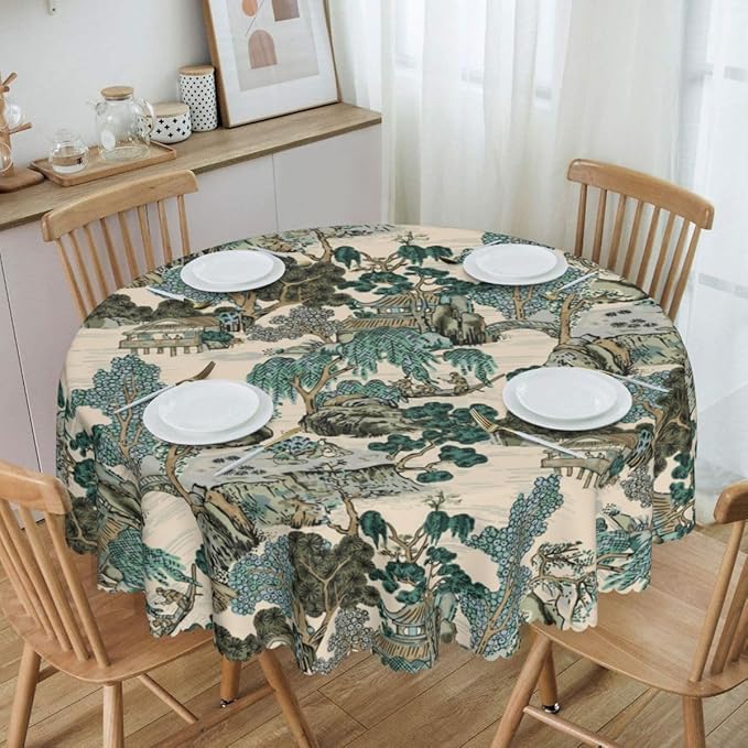 Japanese Tablecloth, Traditioanal Chinese Landscape Oriental Vintage Eastern Water Resisitant Wipeable Table Cover for Dining Kitchen Living Room Home Party Holiday Decor 60 inch Round