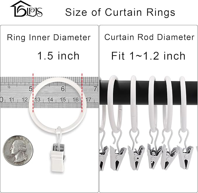 20 Pack Metal Curtain Rings with Clips, Curtain Clip Rings Hooks for Hanging Drapery Drapes Bows, Curtain Rod Rings 1.5 inch Interior Diameter, White