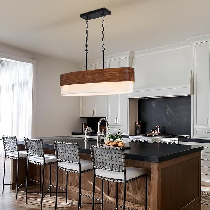 33.5'' Dining Room Chandelier Over Table, 4-Light Farmhouse Kitchen Island Lighting, 2-Tier Large Linear Chandelier with Faux Wood Texture and White Fabric for Dining Room Kitchen Island