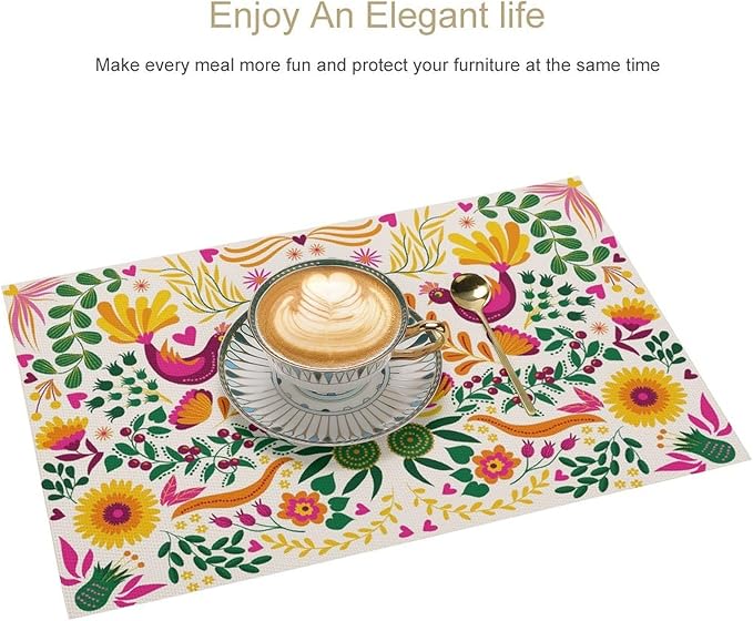 Mexican Floral Placemat Set of 6, 12x18 Inch Boho Cinco de Mayo Colorful Mexico Birds Fiesta Dia De Los Muertos Day Talavera White Coffee Table Mats for Outdoor Kitchen Dining Table Decoration