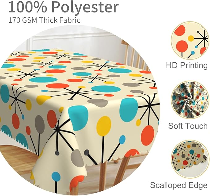 60x120inches Mid Century Tablecloth Modern Atomic Retro Table Cloth Water Resistant Oil Proof Rectangle Table Cover for Dining Room Kitchen Home Decorations Indoor and Outdoor Party Picnic