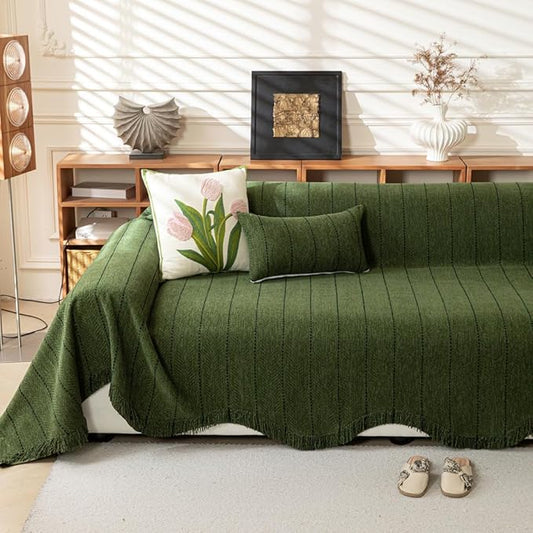 ROOMLIFE Green Sofa Cover, Vintage Boho Couch Cover for 3 Cushion Sofa, Non Slip Soft Chenille Sofa Slipcovers for Dog, Washable Furniture Sofa Protector Cover with Tassel for Living Room, 71''X118”