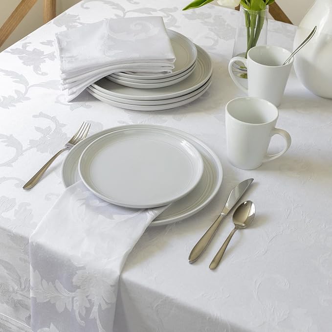 Benson Mills Harmony Scroll Woven Damask Fabric Tablecloth, Everyday, Parties, Special Occasions, Weddings and Holiday Table Cloth (60" X 120" Rectangular, White)