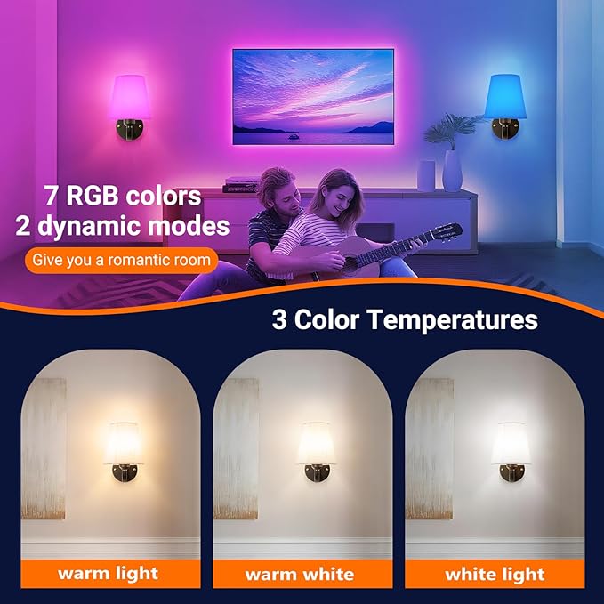 Battery Operated Wall Sconces Set of Two, Indoor Wireless Wall Mounted Lamp with 10000mAh Dimmable Bulb and Remote, RGB Colors Rechargeable Wall Light for Bedroom Living Room Decor