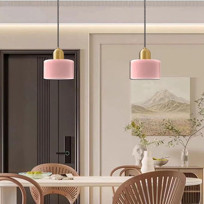 Modern Glass Pendant Light, E26 Hanging Light Fixture with Gold Metal Socket, Adjustable Cord Ceiling Lighting for Kitchen, Dining Room, and Bedroom (Pink)