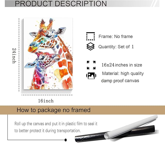 Eeuqiauot Giraffe Watercolor Wall Art Colorful Giraffe Paintings Nursery Animal Wall Art Baby Animal Poster Abstract Colorful Animals Pictures for Kids Room Decor 16x24in Unframed