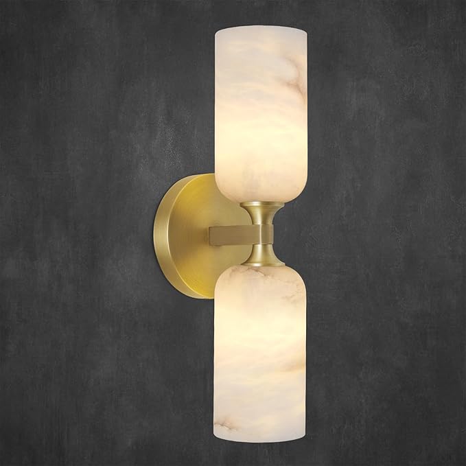 Alabaster Wall Sconce 14in Modern Spanish Natural Marble Bathroom Vanity Sconces, Antique Brass Sconces Wall Lighting, Gold Wall Light Fixtures Decor, For Bedroom Living Room Staircases Hallway