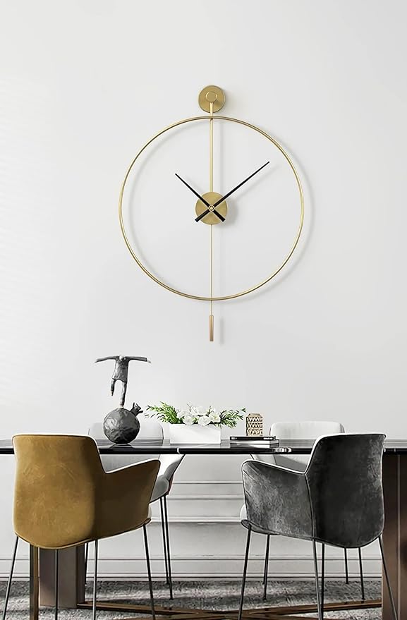 SHISEDECO Classical Large Modern Round Minimalist Wall Clock with Swing Pendulum, Non-Ticking Silent Metal Decorative Creative Art Clocks for Home, Living Room, Bedroom, Study, Office (20", Gold)