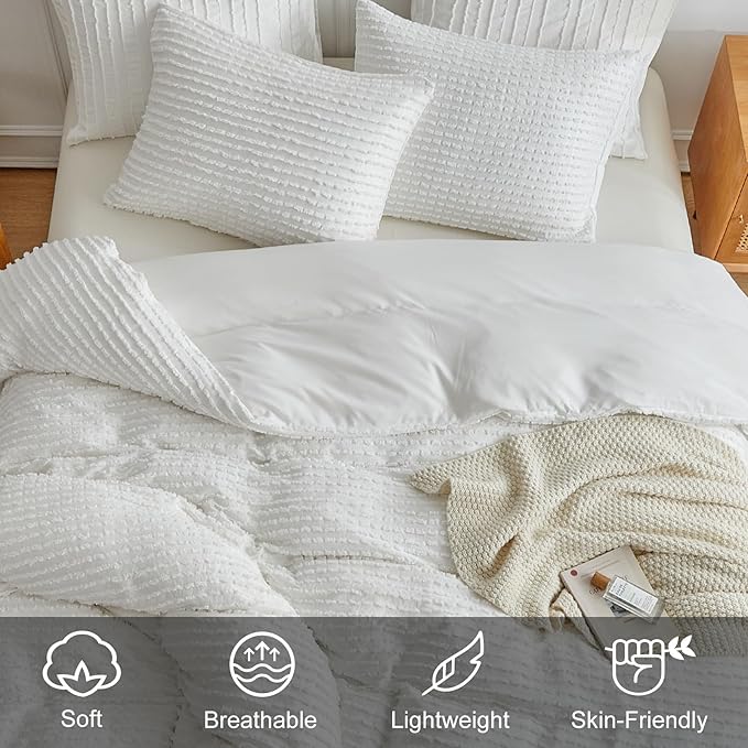 WARMDERN Boho Duvet Cover Set Twin Size,White Striped Duvet Cover Microfiber Bedding Set,2PCS Ultra Soft Breathable Lightweight Tuft Texture Pattern Duvet Covers with Zipper Closure(White,Twin)